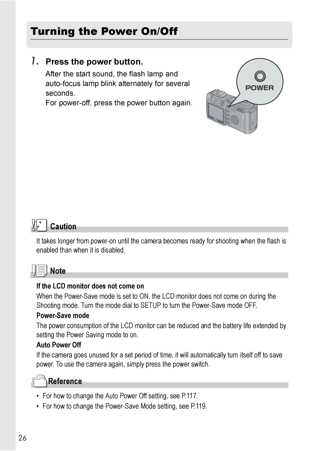 Ricoh GX8 manual Turning the Power On/Off, Press the power button, If the LCD monitor does not come on, Power-Save mode 