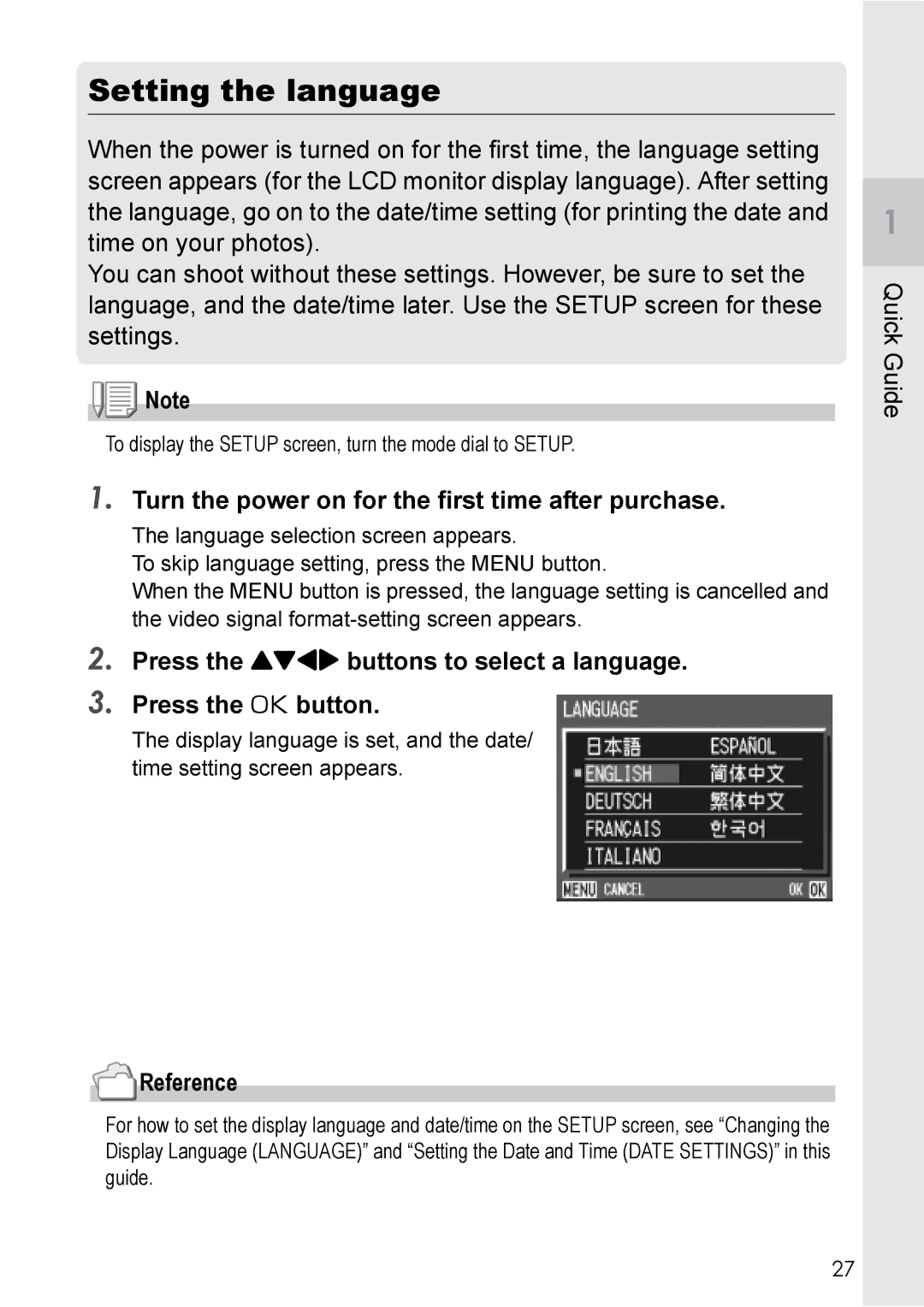 Ricoh GX8 manual Setting the language, Turn the power on for the first time after purchase 