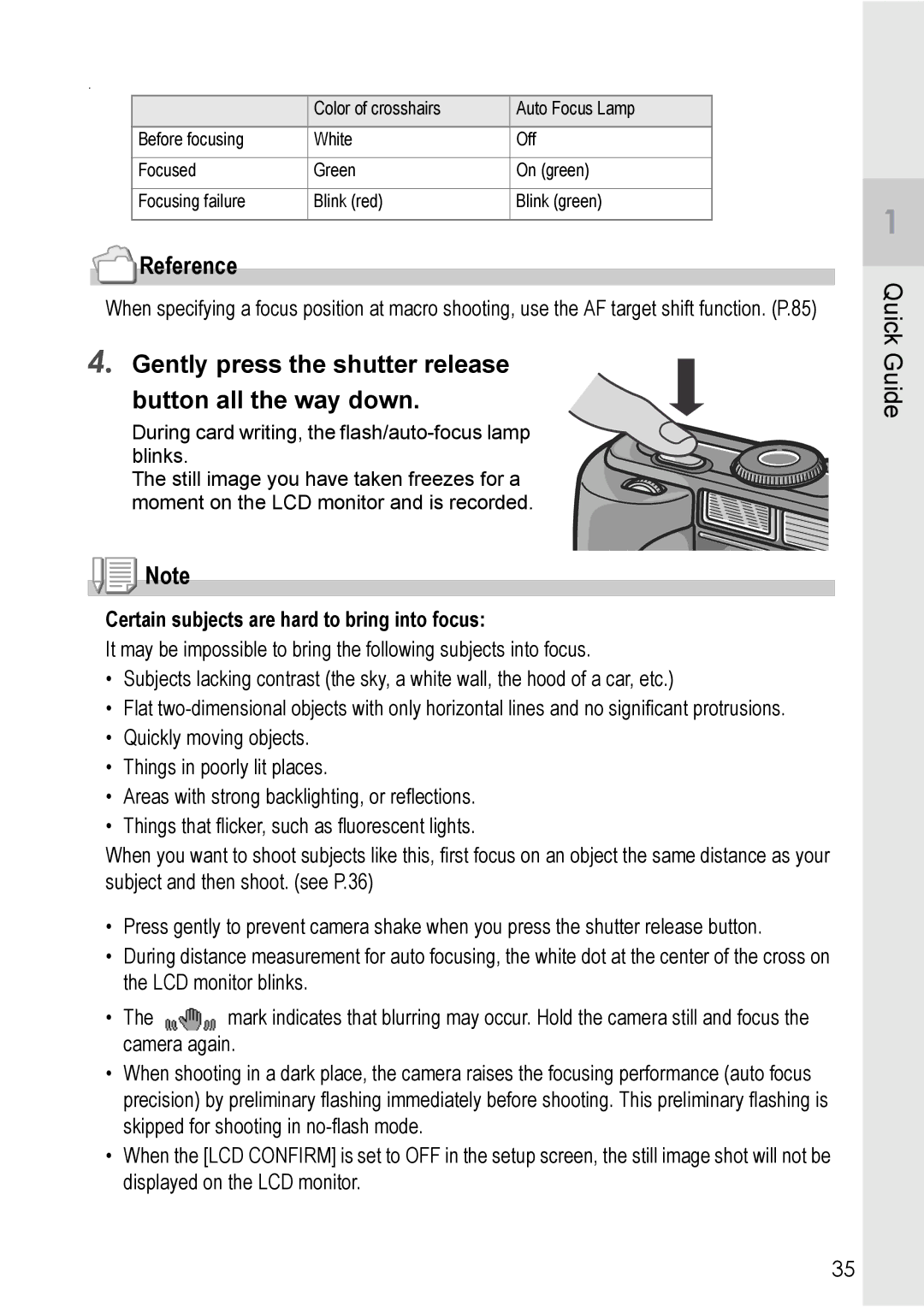 Ricoh GX8 manual Gently press the shutter release button all the way down, Certain subjects are hard to bring into focus 