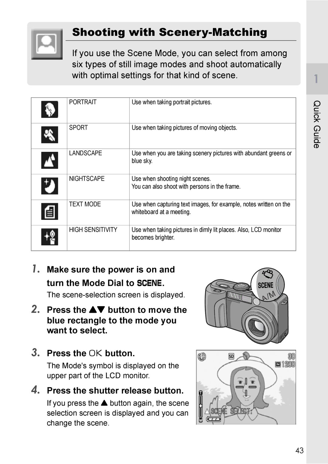 Ricoh GX8 manual Shooting with Scenery-Matching, Make sure the power is on and turn the Mode Dial to 