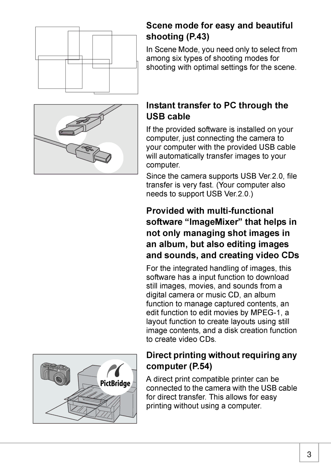 Ricoh GX8 manual Scene mode for easy and beautiful shooting P.43, Instant transfer to PC through the USB cable 