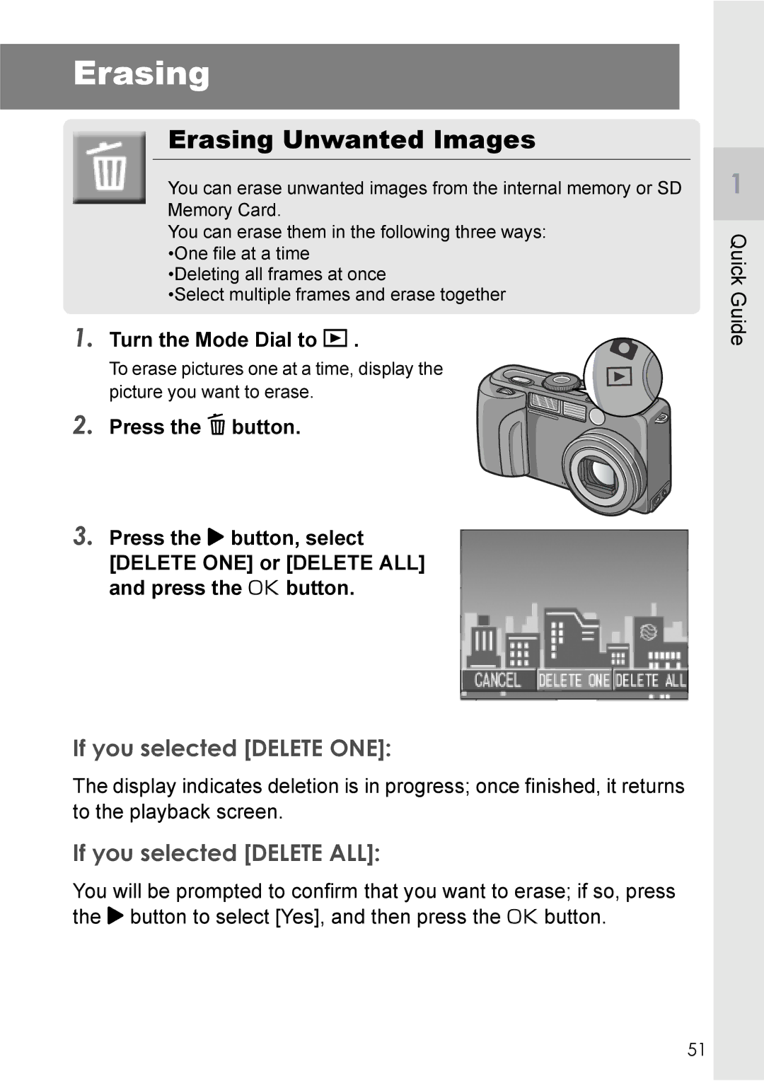 Ricoh GX8 manual Erasing Unwanted Images, If you selected Delete ONE, If you selected Delete ALL 