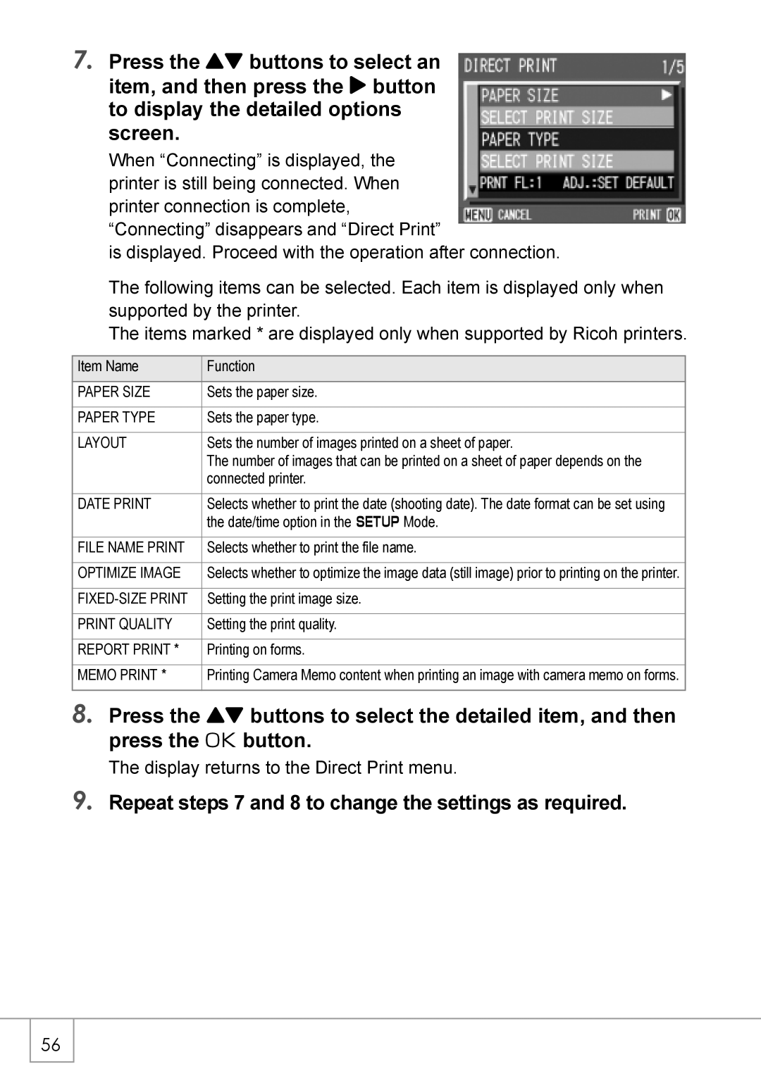 Ricoh GX8 manual Repeat steps 7 and 8 to change the settings as required, Layout 