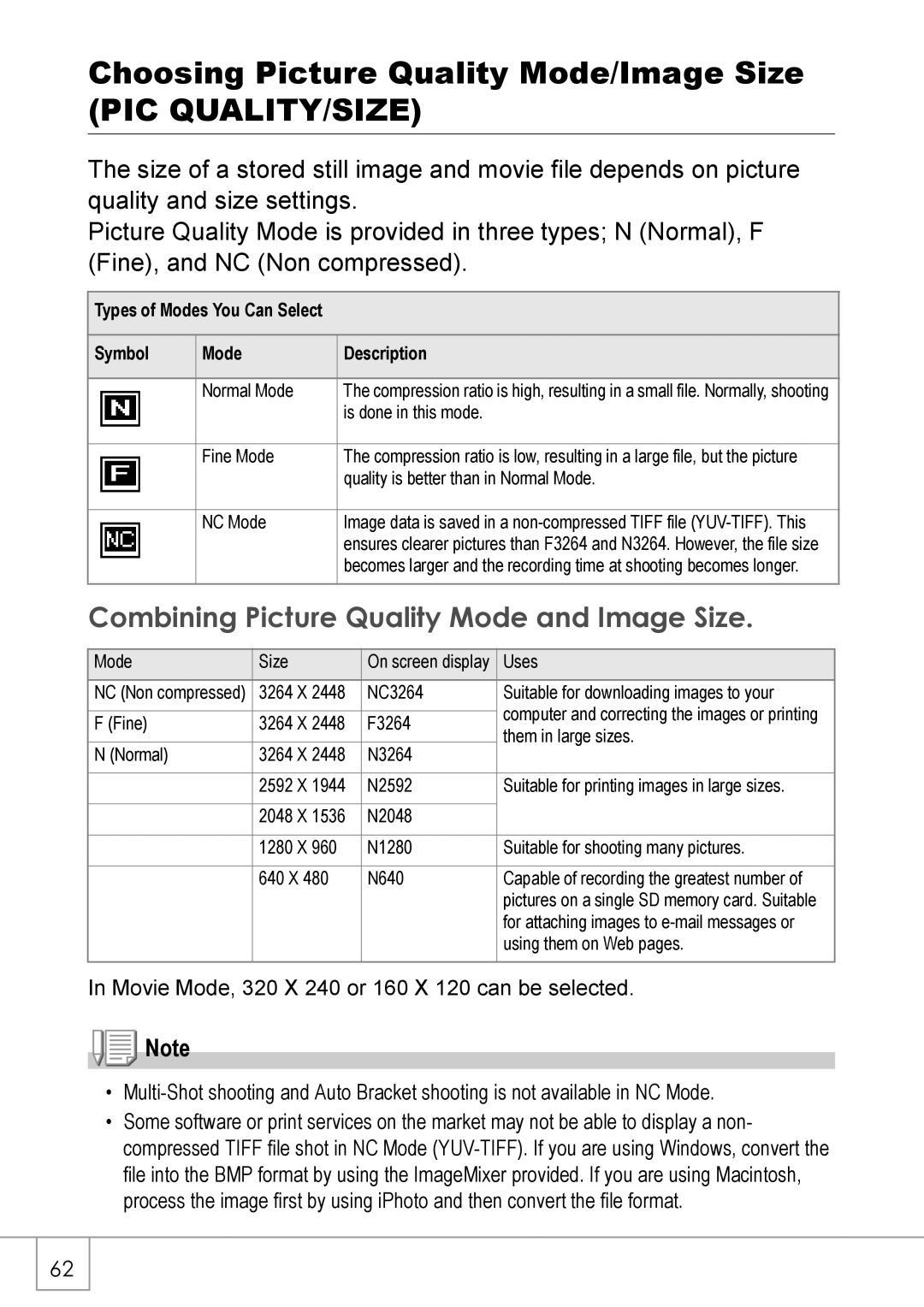 Ricoh GX8 manual Choosing Picture Quality Mode/Image Size, Pic Quality/Size, Combining Picture Quality Mode and Image Size 