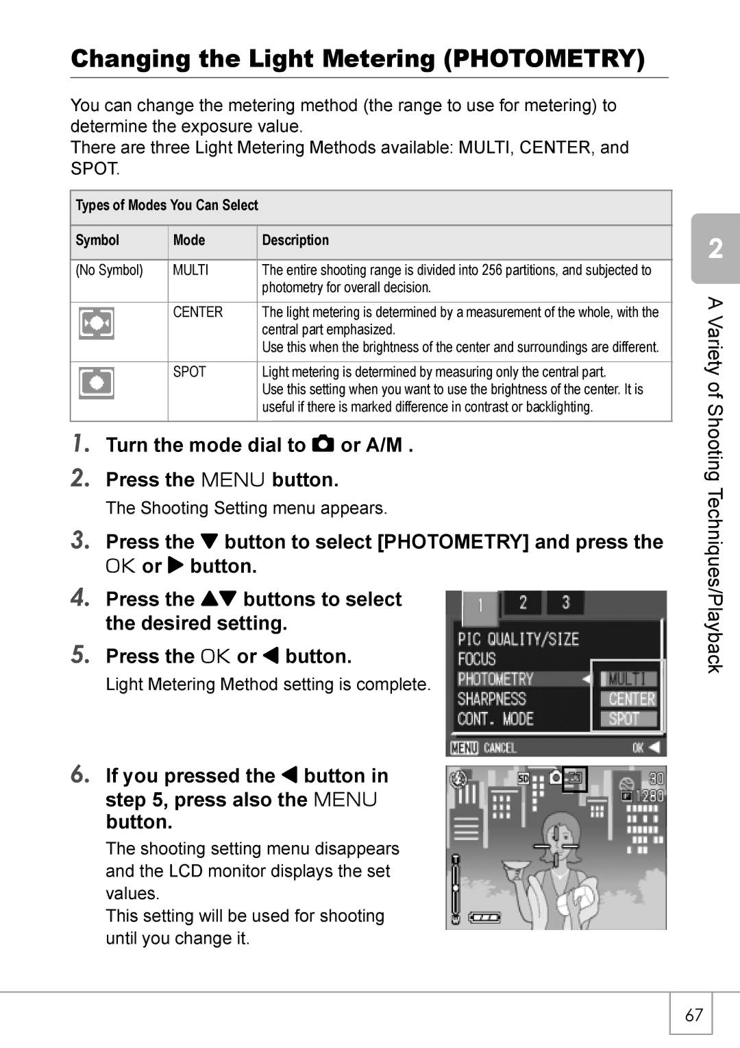 Ricoh GX8 manual Changing the Light Metering Photometry, Turn the mode dial to 5 or A/M Press the M button 