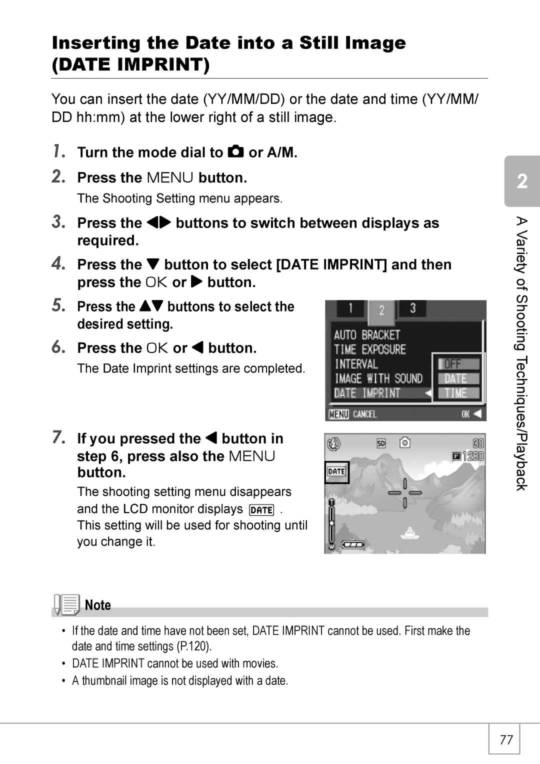 Ricoh GX8 manual Inserting the Date into a Still Image, Date Imprint 