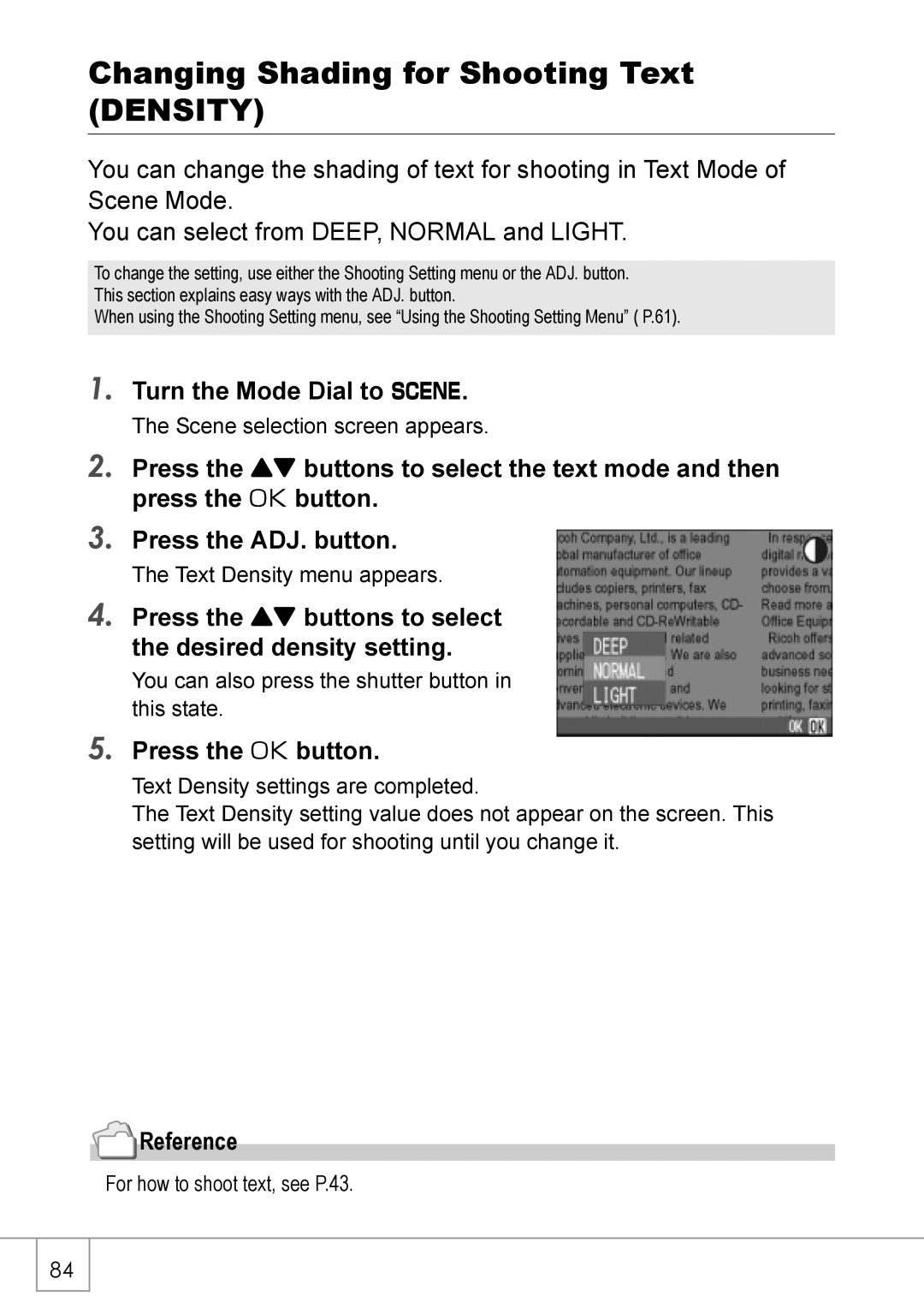 Ricoh GX8 manual Changing Shading for Shooting Text Density, Press the ! buttons to select the desired density setting 