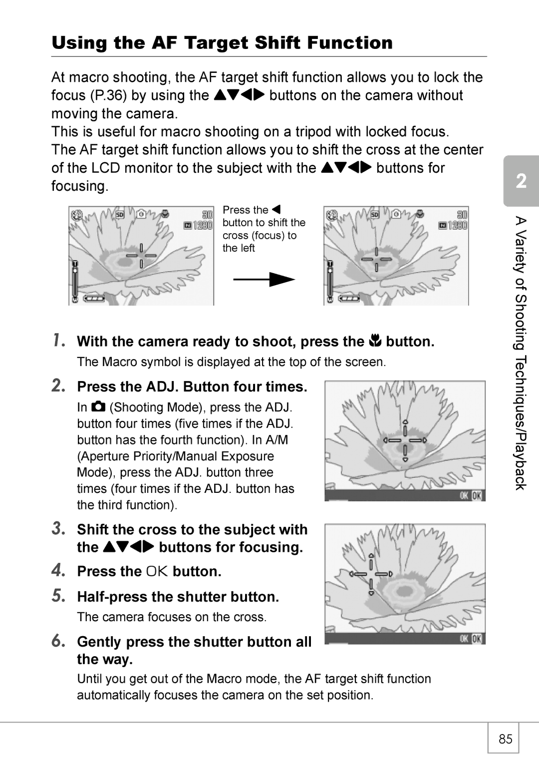 Ricoh GX8 manual Using the AF Target Shift Function, Press the ADJ. Button four times 