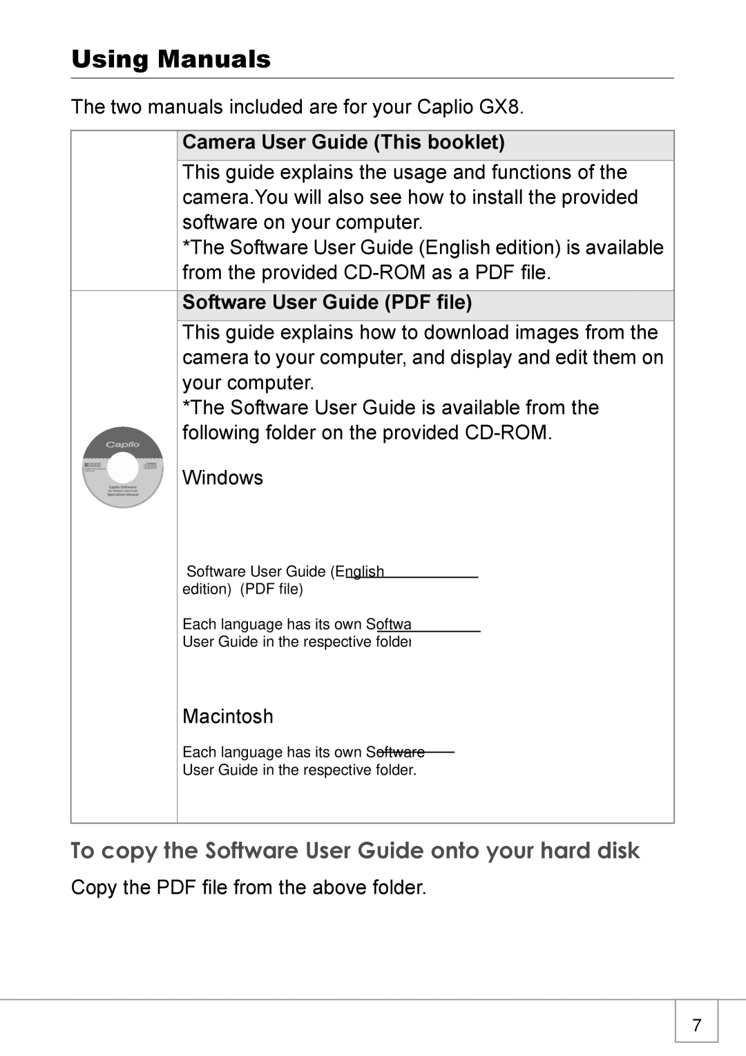 Ricoh GX8 manual Using Manuals, To copy the Software User Guide onto your hard disk, Camera User Guide This booklet 