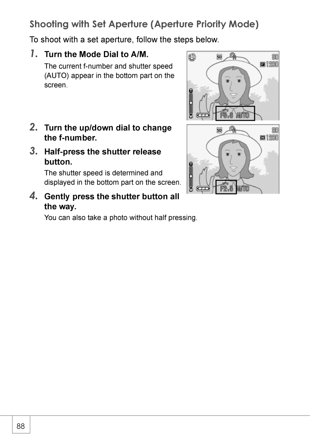 Ricoh GX8 manual Shooting with Set Aperture Aperture Priority Mode, Turn the Mode Dial to A/M 