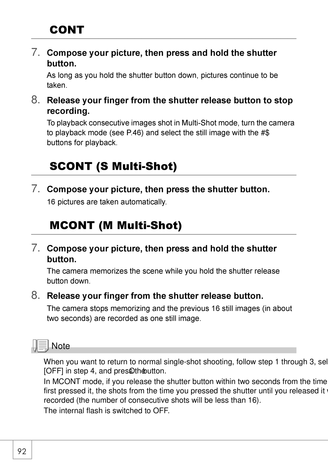 Ricoh GX8 manual Cont, Scont S Multi-Shot, Mcont M Multi-Shot, Compose your picture, then press the shutter button 