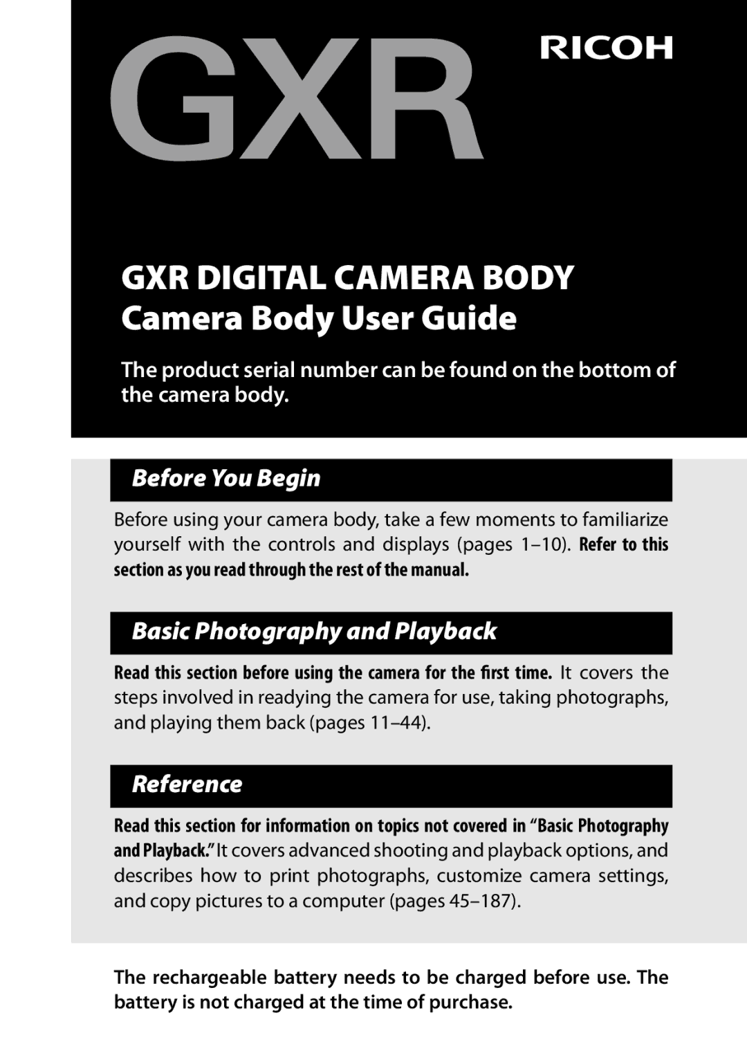 Ricoh 170543, 170553 manual GXR Digital Camera Body Camera Body User Guide 