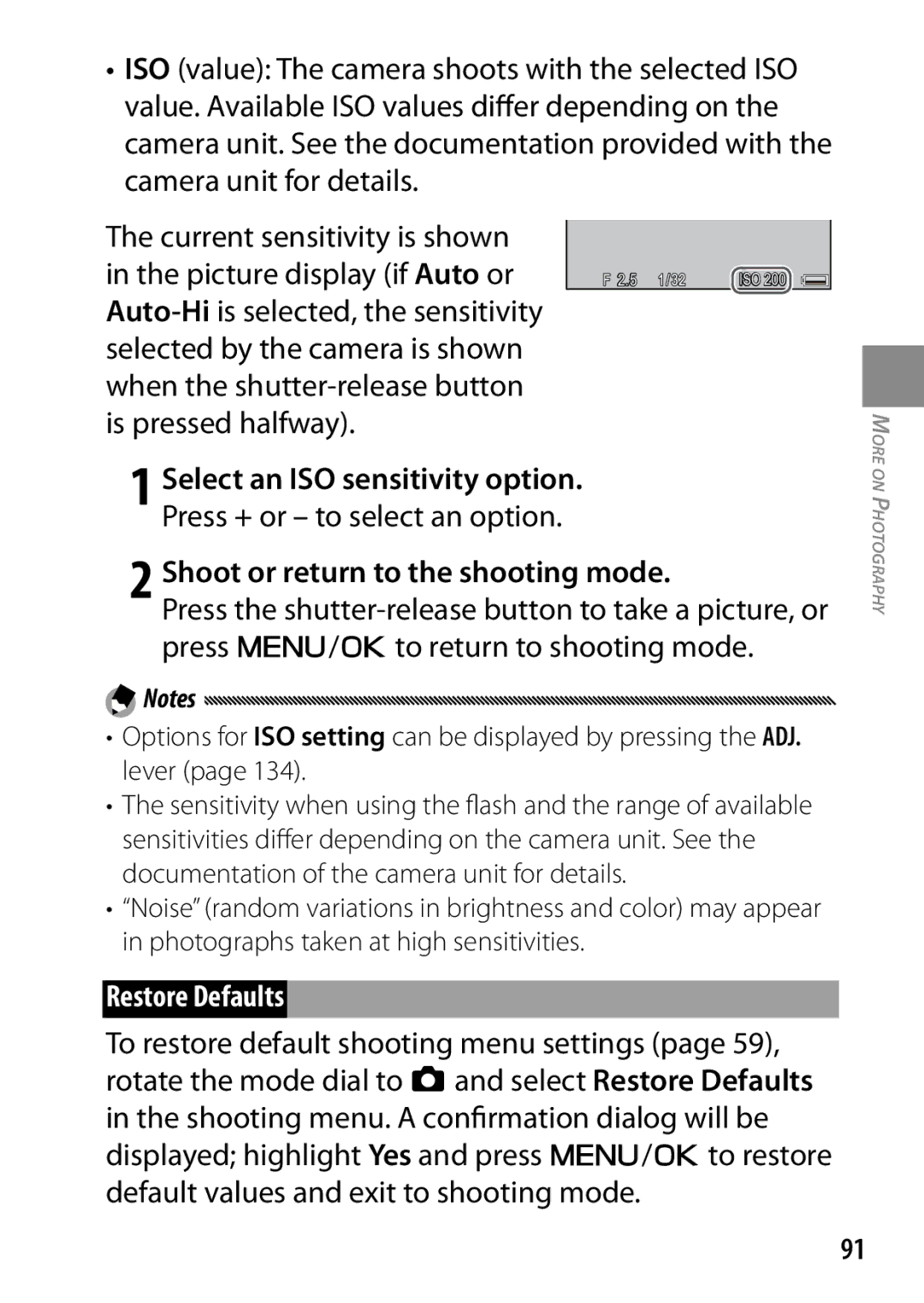 Ricoh 170543, GXR, 170553 manual Press + or to select an option, Shoot or return to the shooting mode, Restore Defaults 