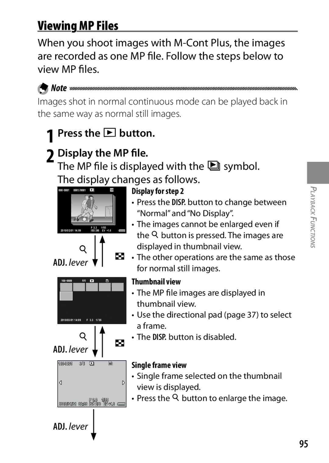 Ricoh 170553, GXR, 170543 manual Viewing MP Files, Display for step, Thumbnail view, Single frame view 