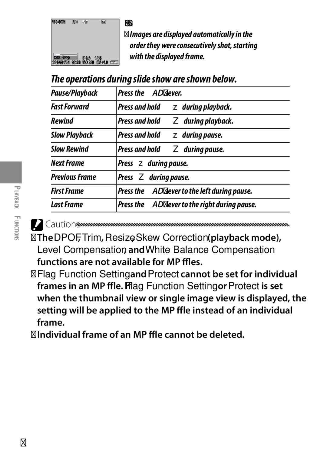 Ricoh GXR manual Operations during slide show are shown below, Individual frame of an MP file cannot be deleted, Slide Show 