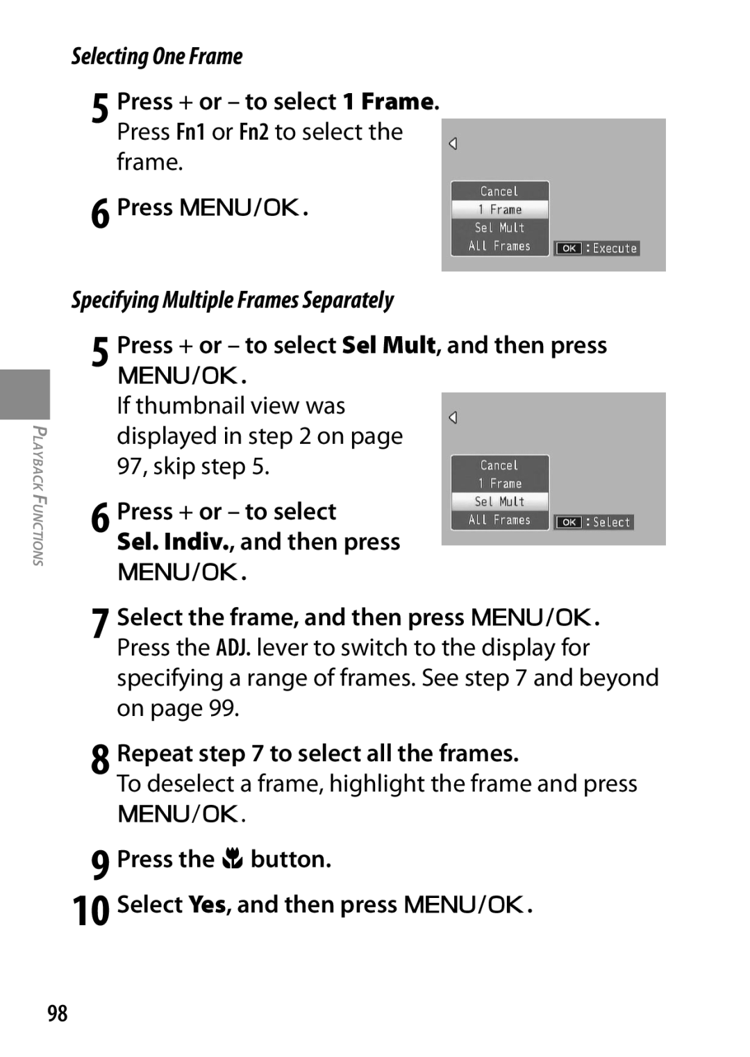 Ricoh 170553 Selecting One Frame, Specifying Multiple Frames Separately, Press + or to select Sel Mult, and then press C/D 