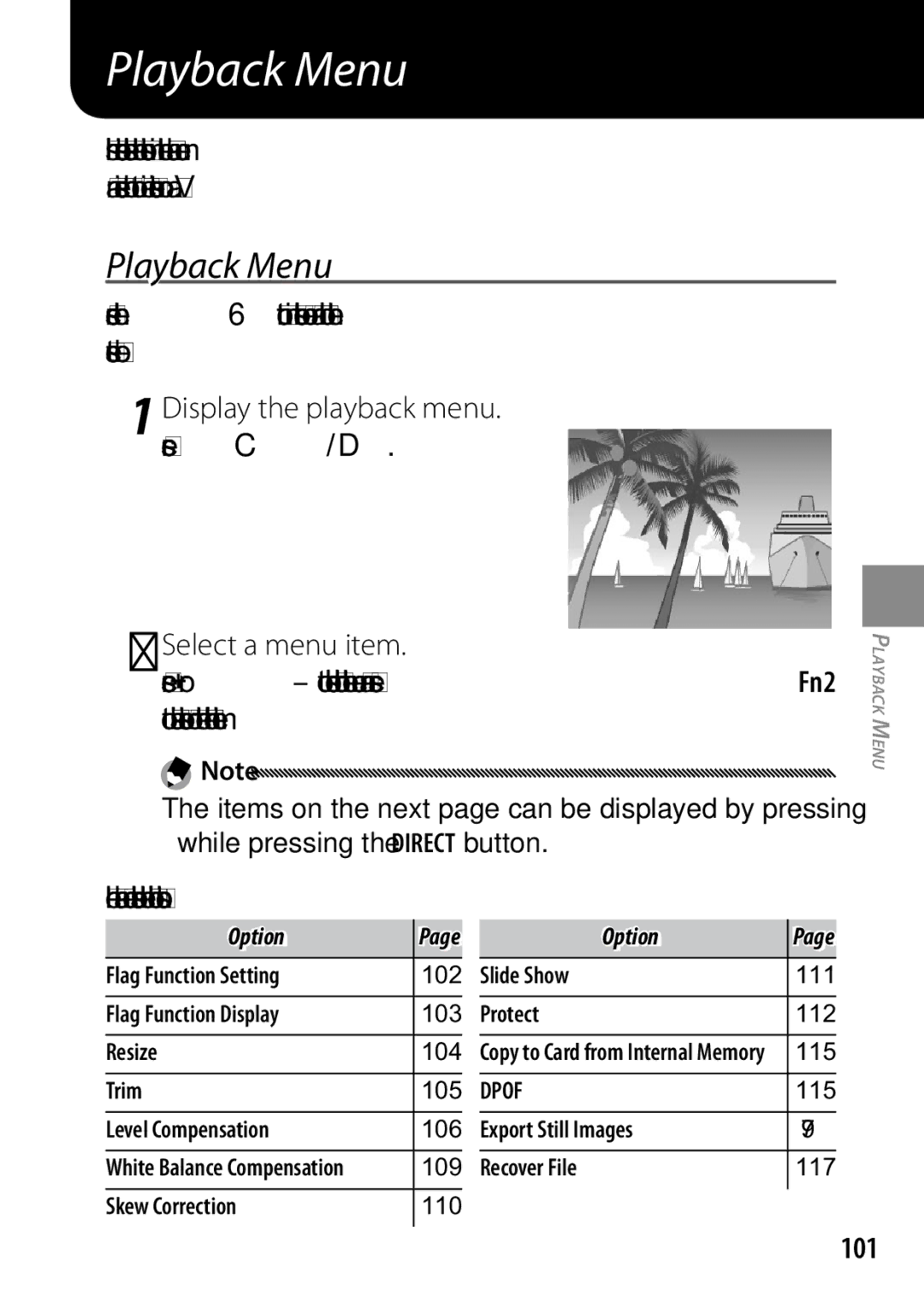 Ricoh 170553 Playback Menu, Display the playback menu. Press C/D Select a menu item, 101, While pressing the Direct button 