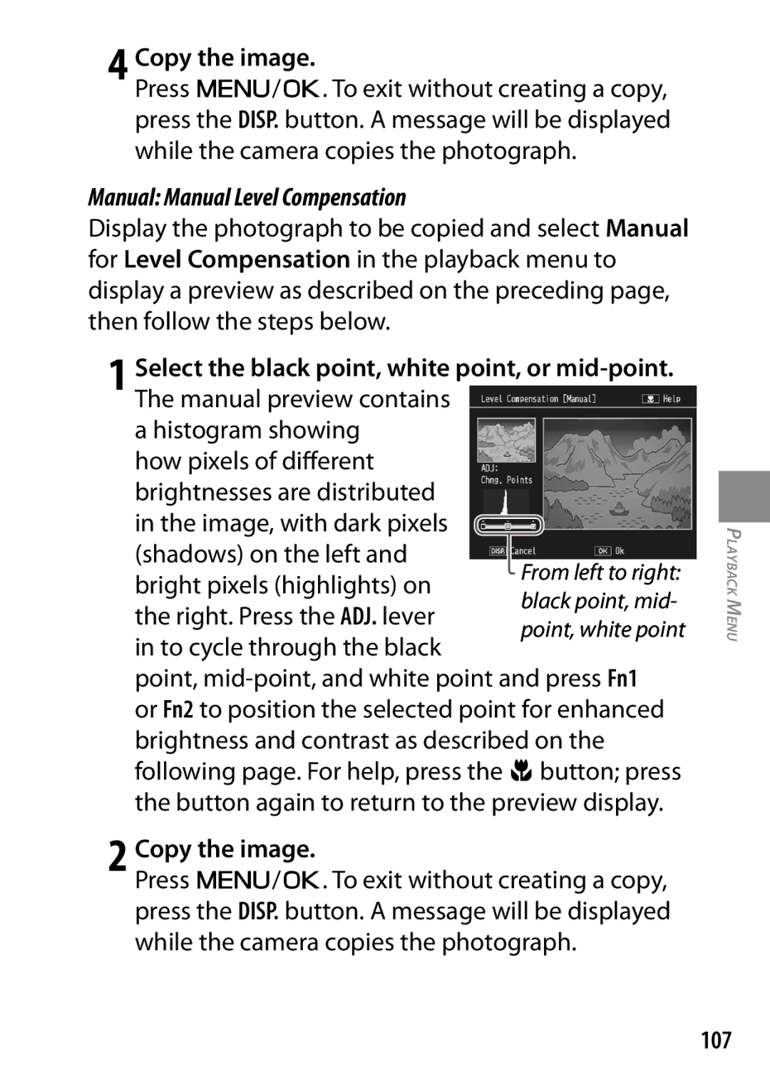 Ricoh 170553, GXR, 170543 manual Copy the image, Manual Manual Level Compensation, 107 