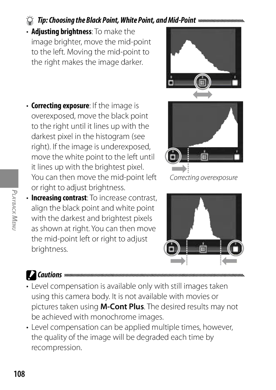 Ricoh GXR, 170543, 170553 manual 108, Tip Choosing the Black Point, White Point, and Mid-Point, Or right to adjust brightness 