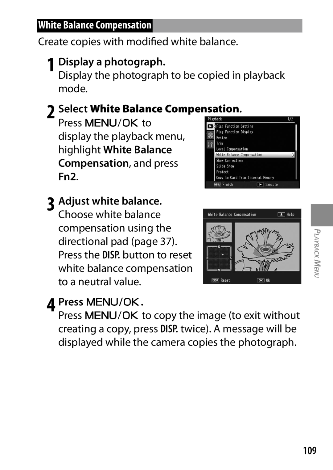 Ricoh 170543, GXR, 170553 manual Create copies with modified white balance, Select White Balance Compensation, 109 