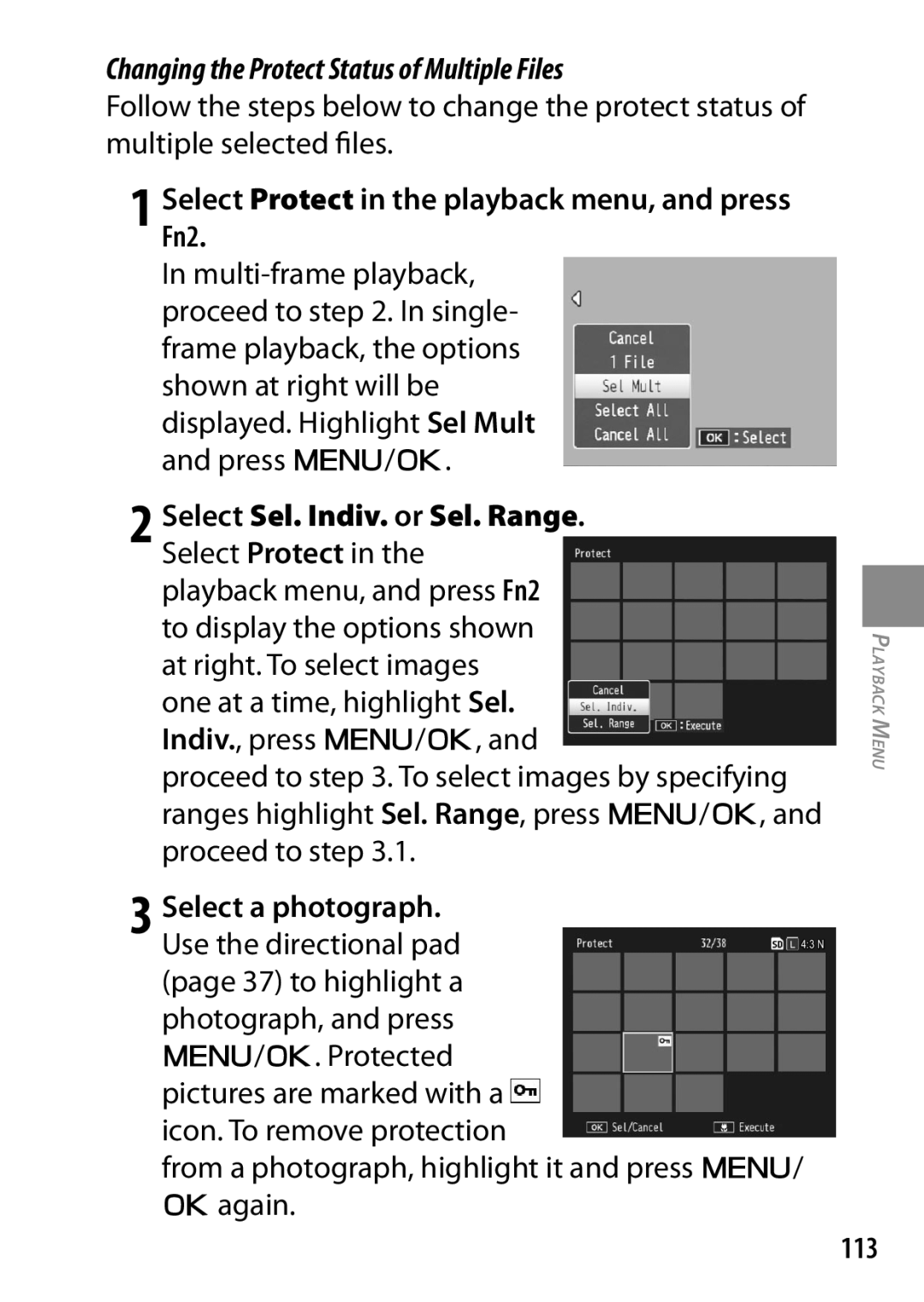 Ricoh 170553, GXR Changing the Protect Status of Multiple Files, Select Protect in the playback menu, and press Fn2, 113 