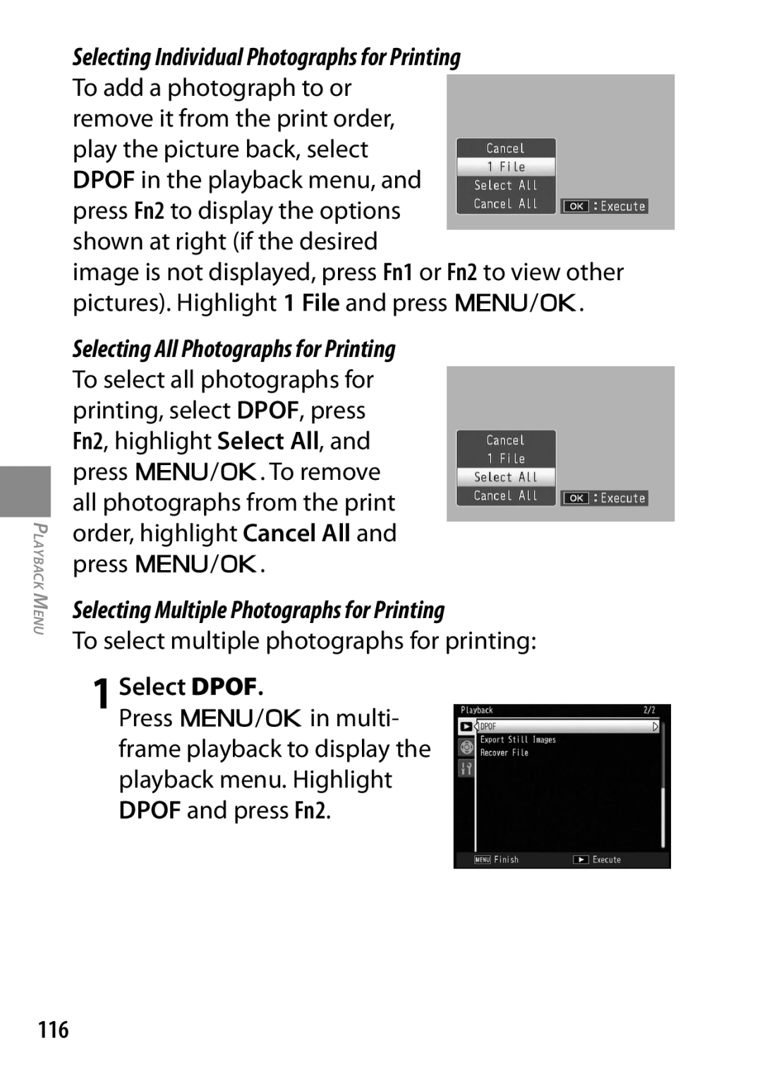 Ricoh 170553 Selecting Multiple Photographs for Printing, To select multiple photographs for printing, Select Dpof, 116 