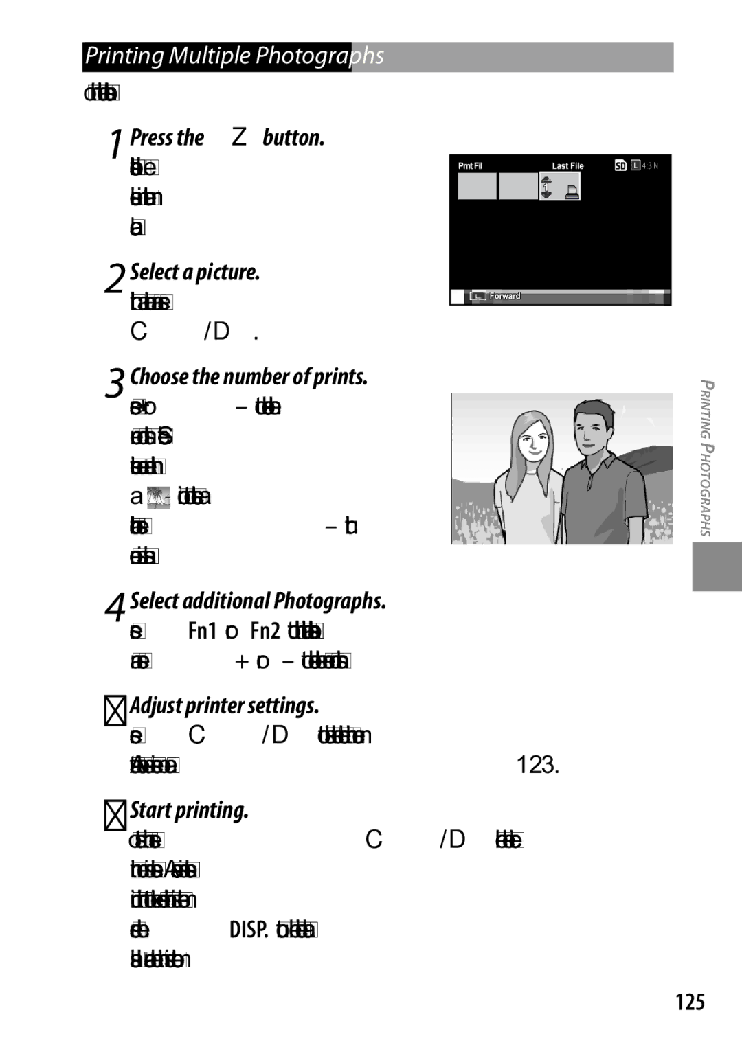 Ricoh 170553, GXR, 170543 manual Printing Multiple Photographs, Press the Zbutton, Adjust printer settings, 125 