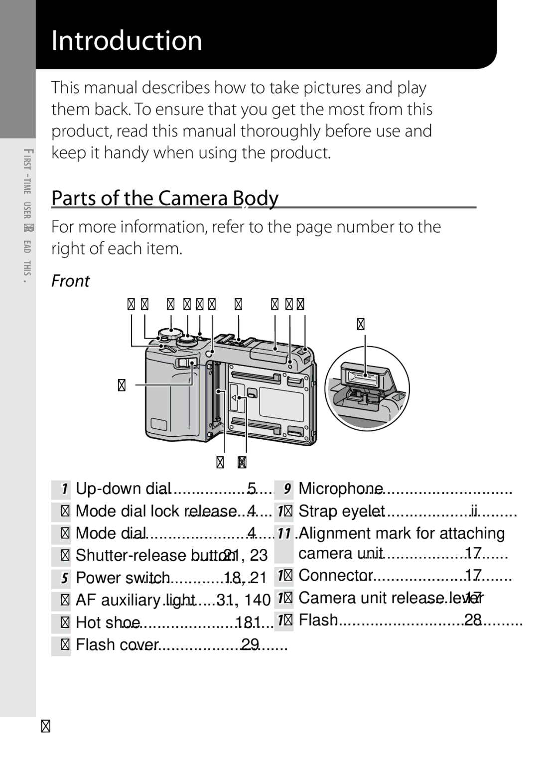 Ricoh 170553, GXR, 170543 manual Parts of the Camera Body, Front, Microphone Strap eyelet Alignment mark for attaching 