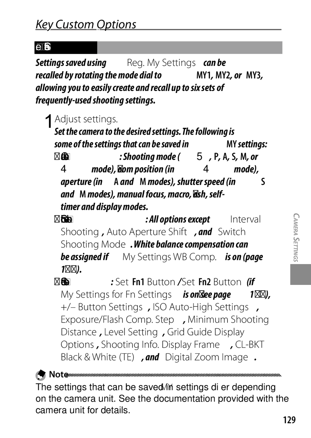 Ricoh GXR, 170543, 170553 manual Key Custom Options, Reg. My Settings, Adjust settings, 129 