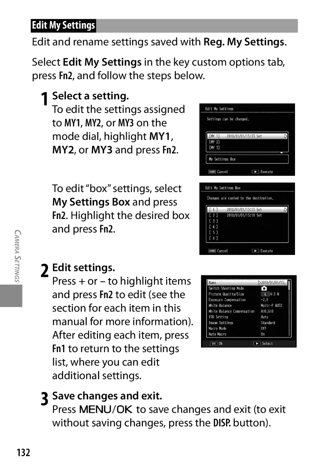 Ricoh GXR, 170543, 170553 manual Edit My Settings, Select a setting, Edit settings, Save changes and exit, 132 