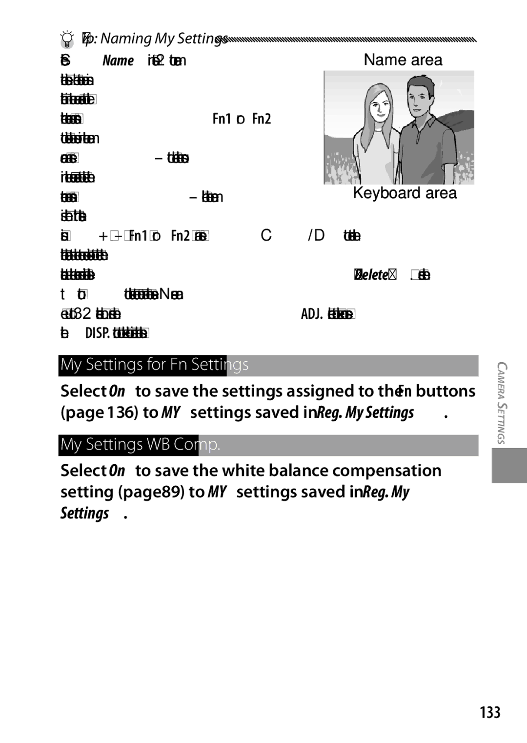 Ricoh 170543, GXR, 170553 manual My Settings for Fn Settings, My Settings WB Comp, 133, Tip Naming My Settings 