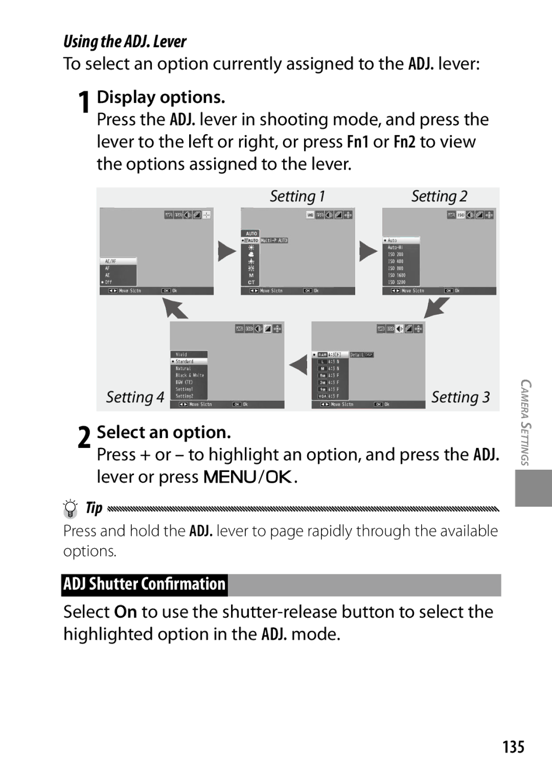 Ricoh GXR Using the ADJ. Lever, To select an option currently assigned to the ADJ. lever, ADJ Shutter Confirmation, 135 