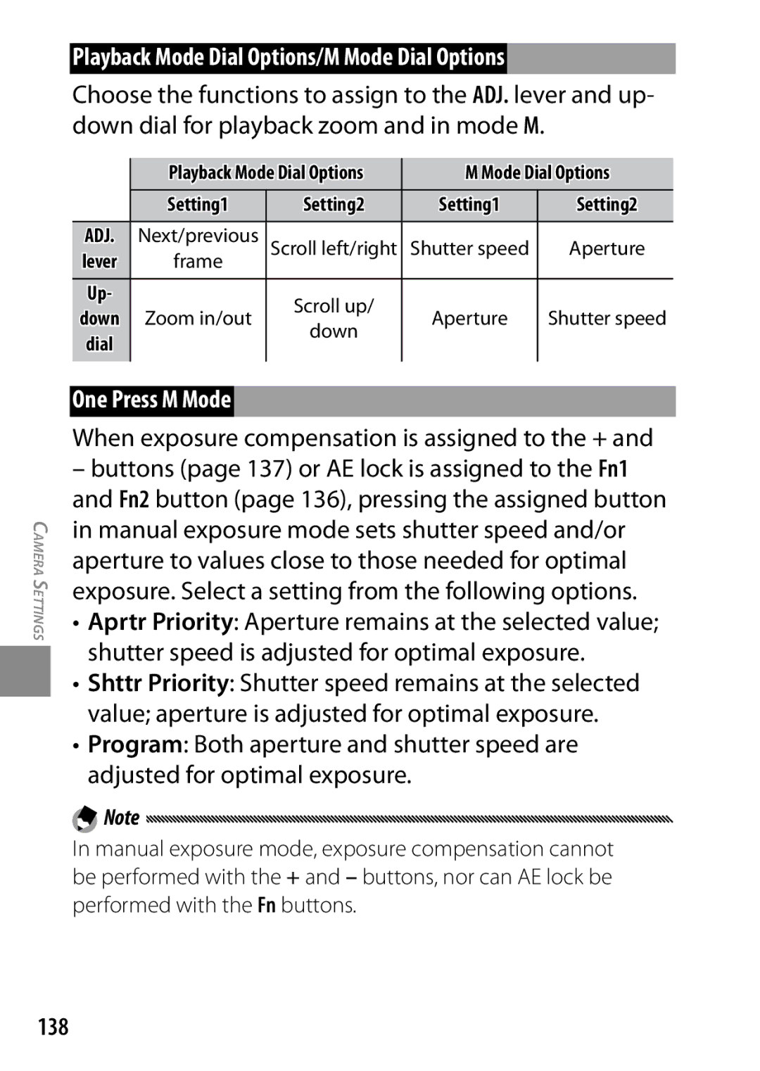 Ricoh GXR, 170543, 170553 manual Playback Mode Dial Options/M Mode Dial Options, One Press M Mode, 138, Zoom in/out 