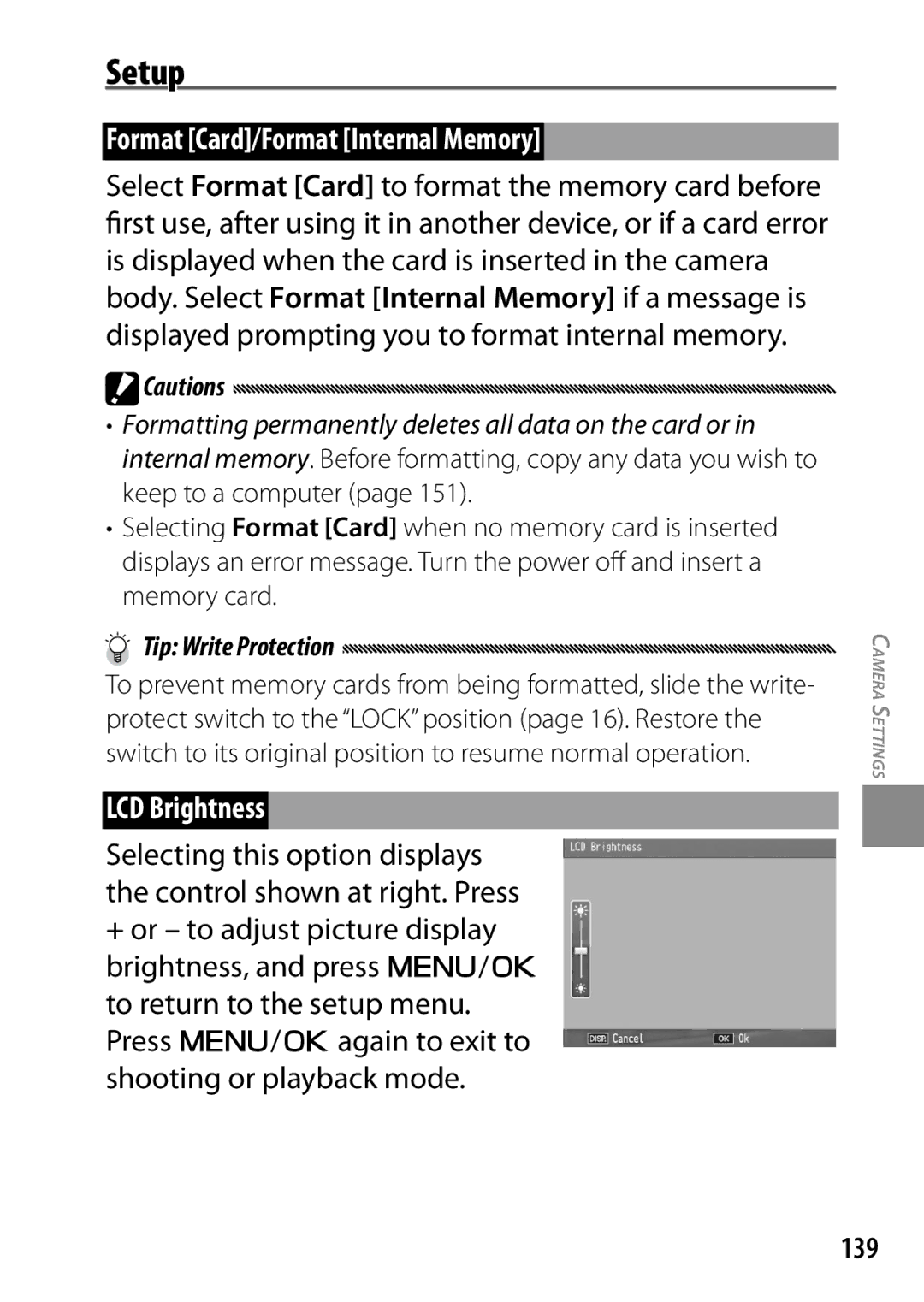 Ricoh 170543, GXR, 170553 manual Setup, Format Card/Format Internal Memory, LCD Brightness, 139 