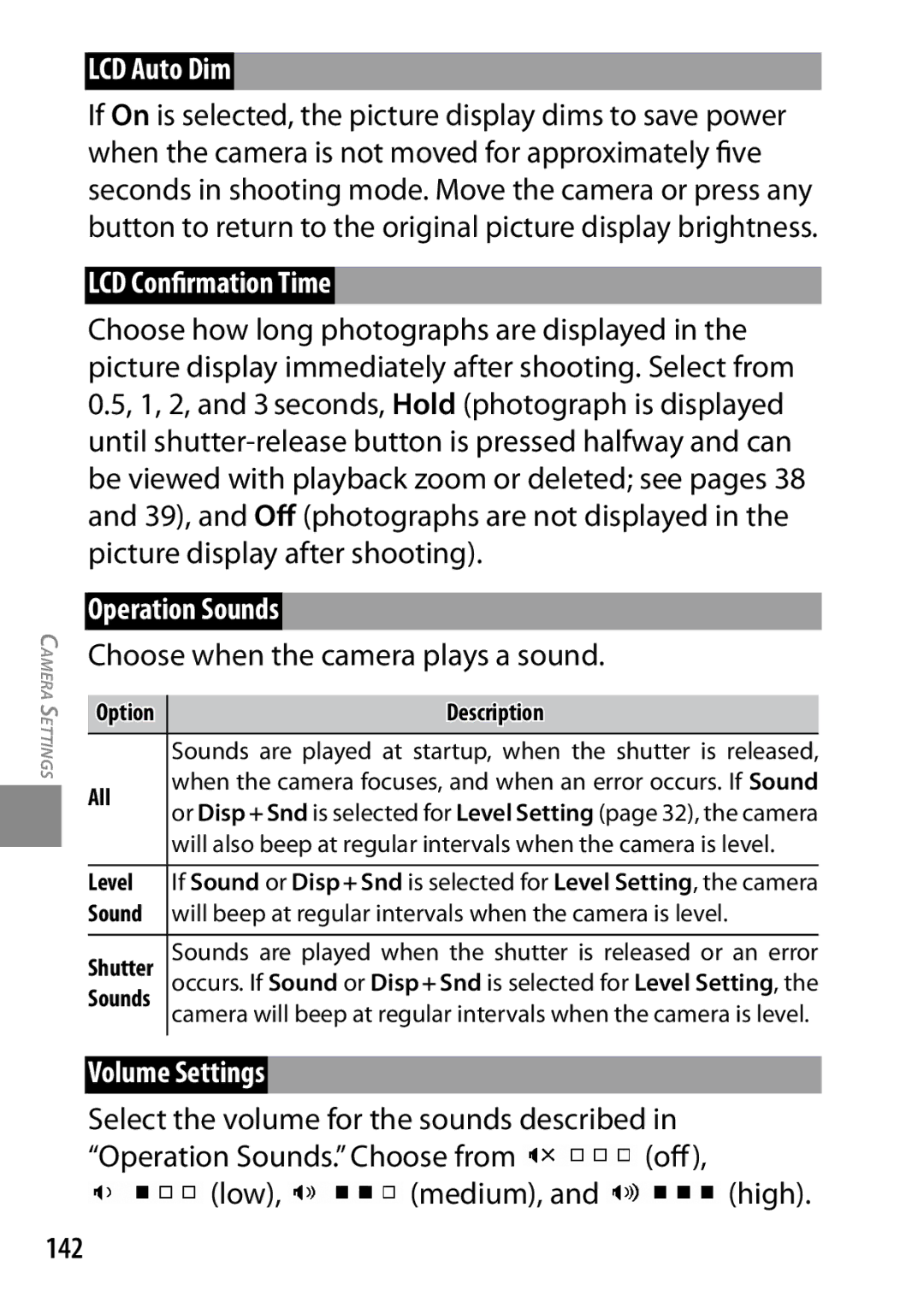 Ricoh 170543, GXR, 170553 manual LCD Auto Dim, LCD Confirmation Time, Operation Sounds, Volume Settings, 142 