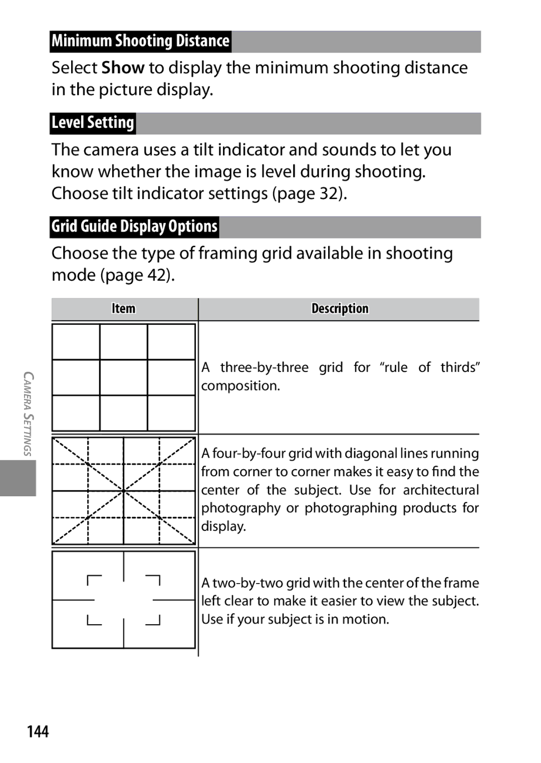 Ricoh GXR, 170543, 170553 manual Minimum Shooting Distance, Level Setting, Grid Guide Display Options, 144 