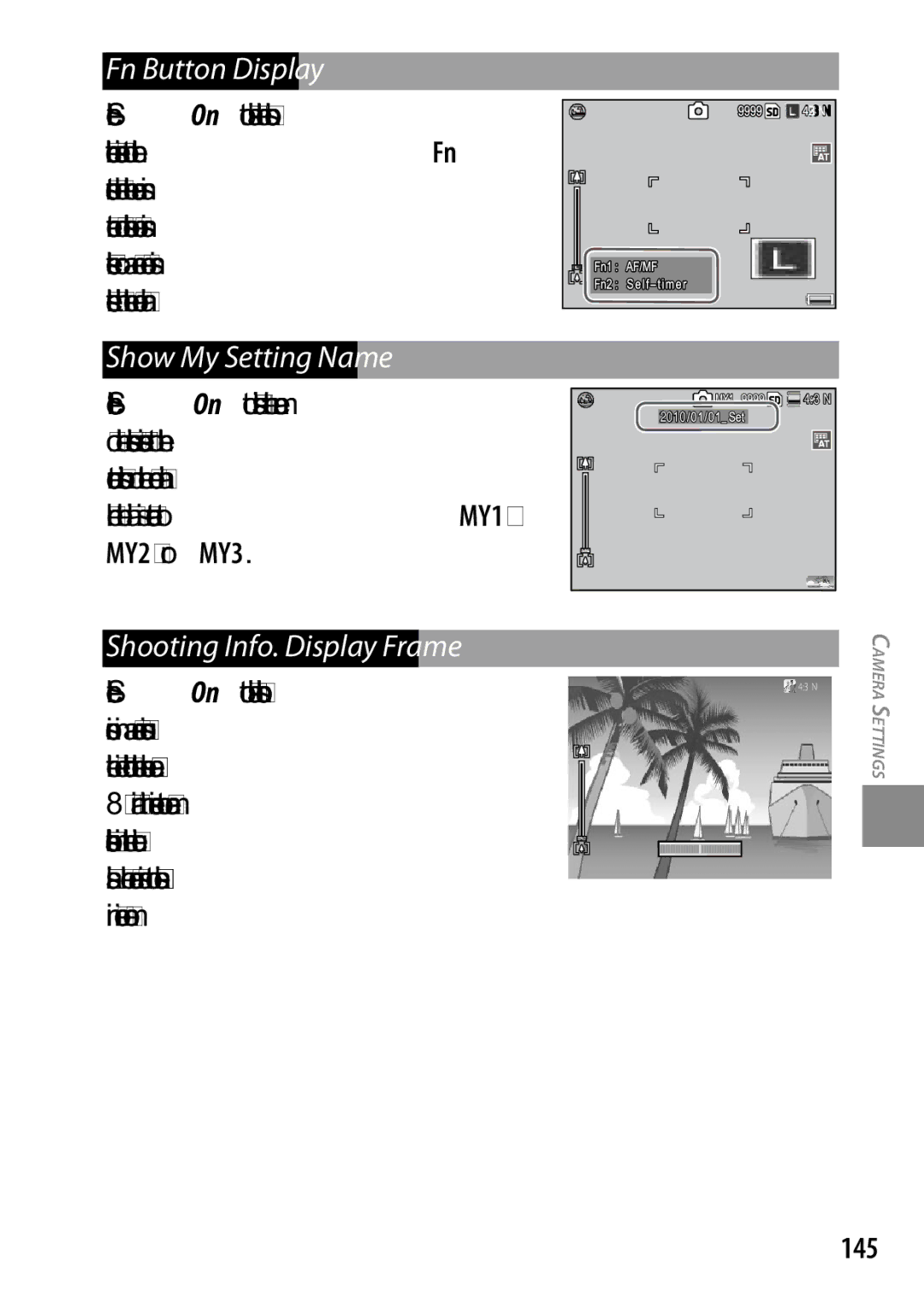 Ricoh 170543, GXR, 170553 manual Fn Button Display, Show My Setting Name, Select On to display shooting, 145 