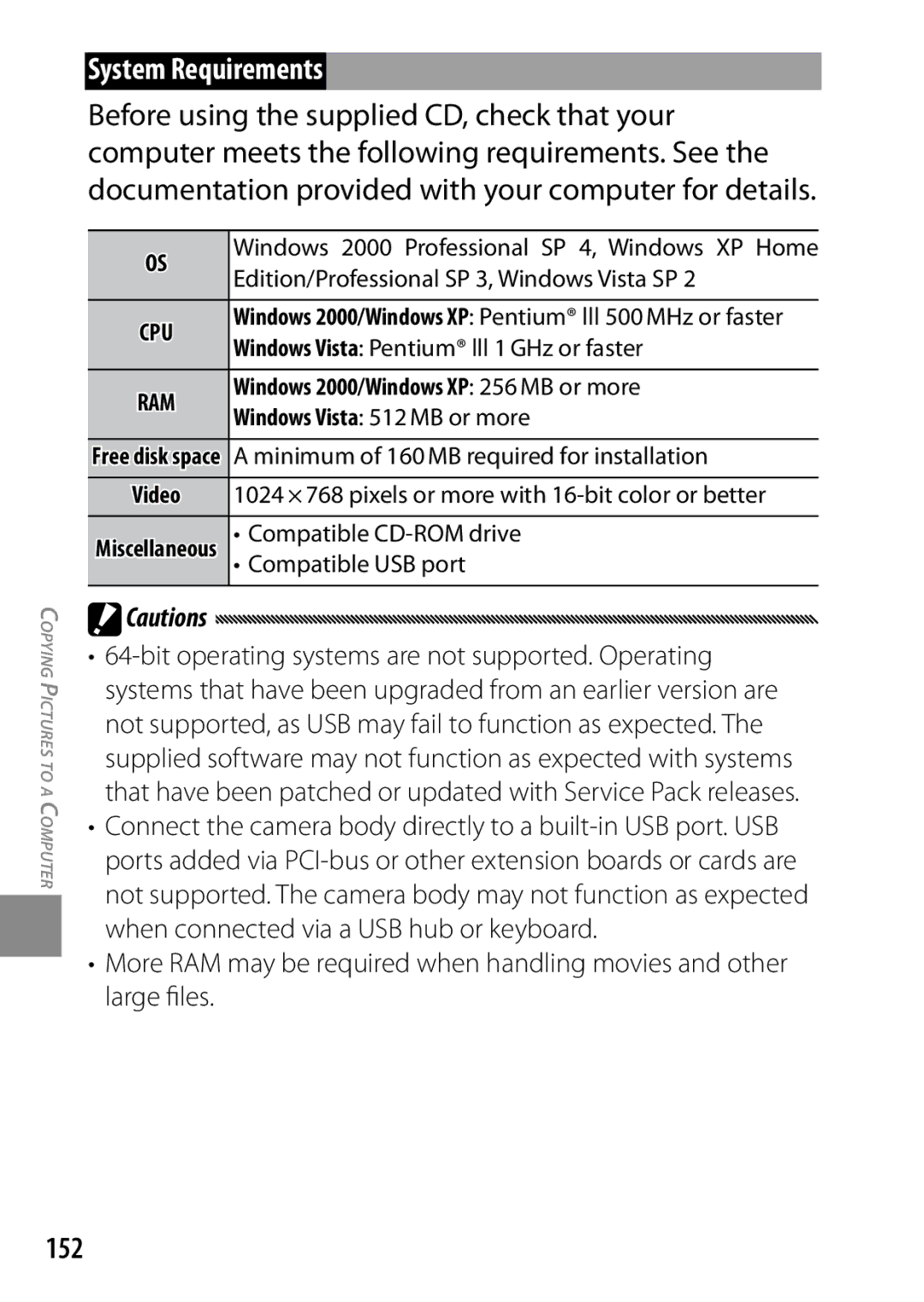 Ricoh 170553, GXR, 170543 manual System Requirements, 152, Windows 2000/Windows XP 256 MB or more 