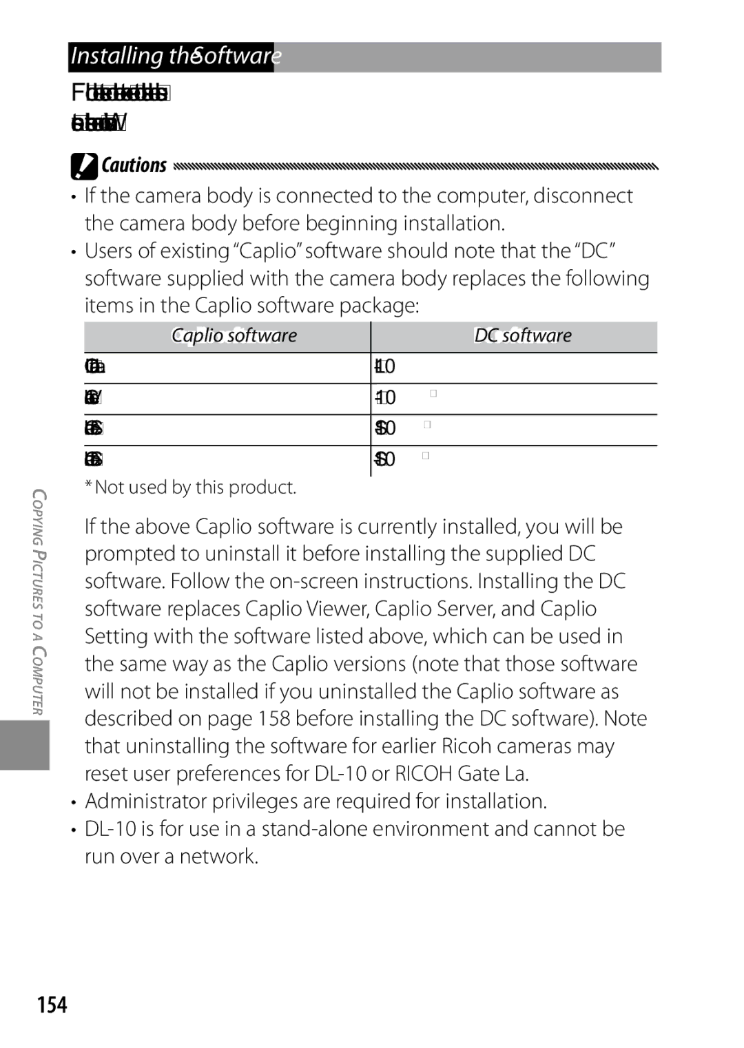 Ricoh 170543, GXR, 170553 manual Installing the Software, 154, Caplio software DC software 