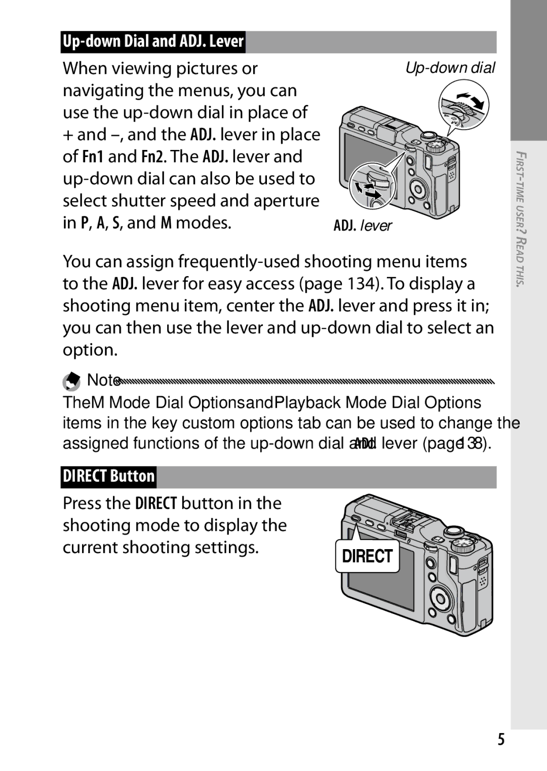 Ricoh 170553, GXR, 170543 manual Up-down Dial and ADJ. Lever, When viewing pictures or, Direct Button 
