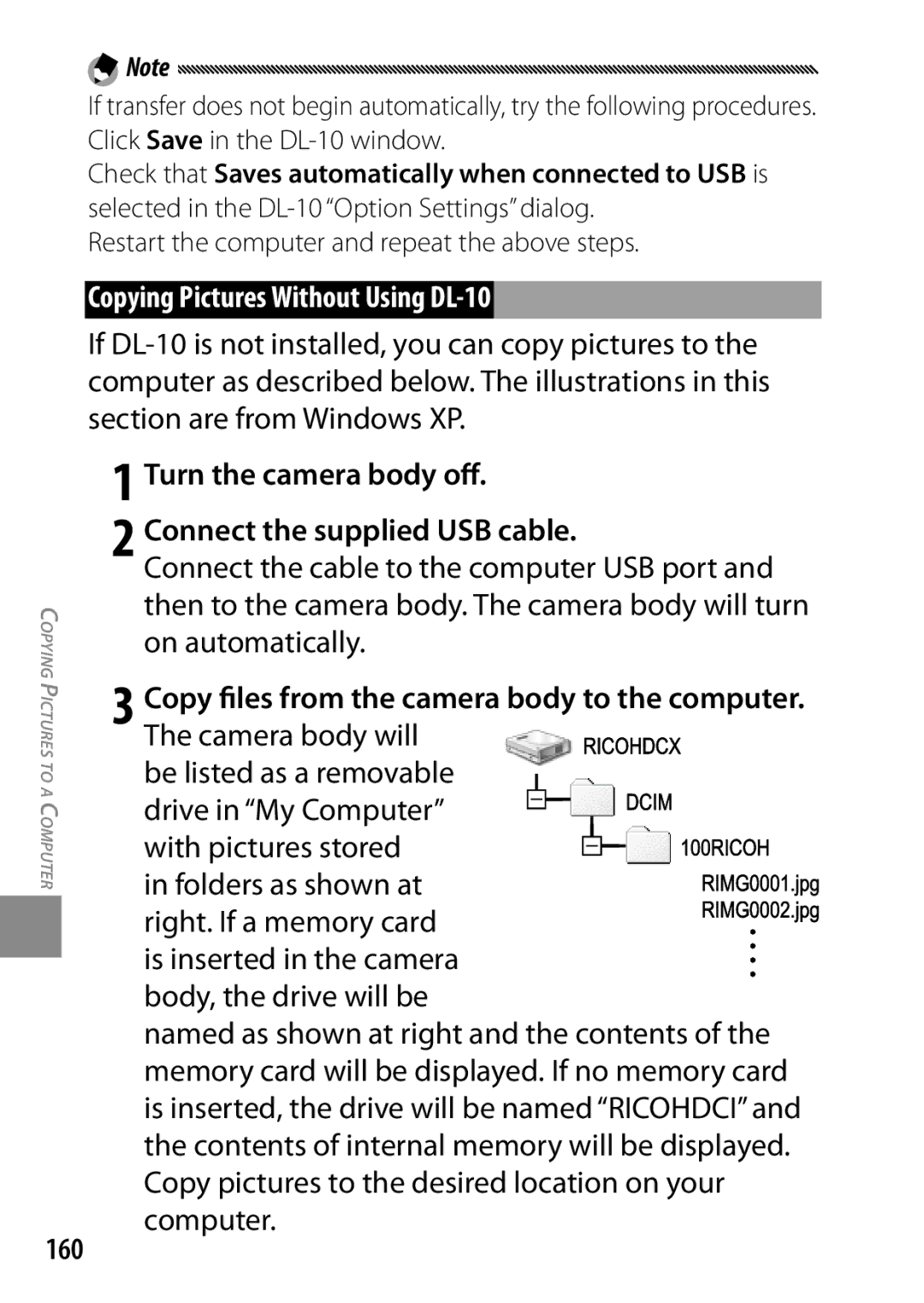 Ricoh 170543, GXR, 170553 Copying Pictures Without Using DL-10, Turn the camera body off Connect the supplied USB cable 