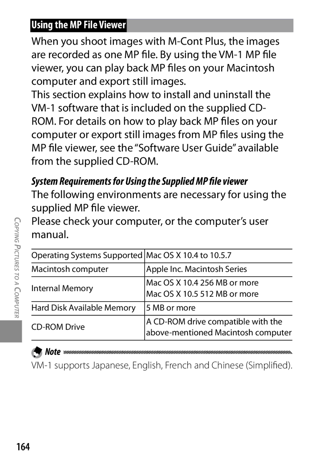 Ricoh 170553 Using the MP File Viewer, 164, System Requirements for Using the Supplied MP file viewer, Mac OS X 10.4 to 