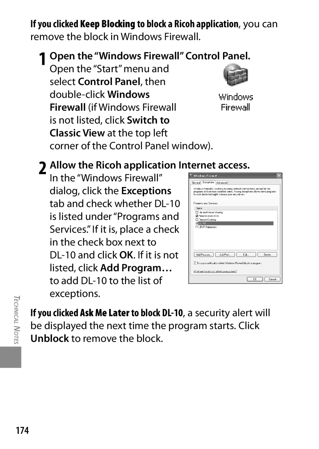 Ricoh GXR, 170543, 170553 Open the Windows Firewall Control Panel. Open the Start menu, Corner of the Control Panel window 