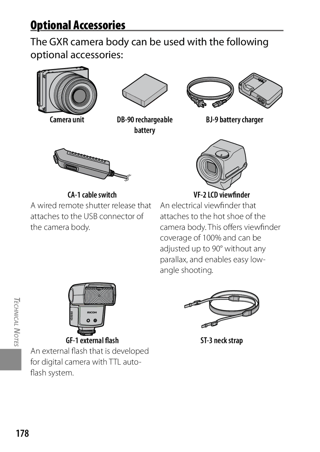 Ricoh 170543, GXR, 170553 manual Optional Accessories, 178 