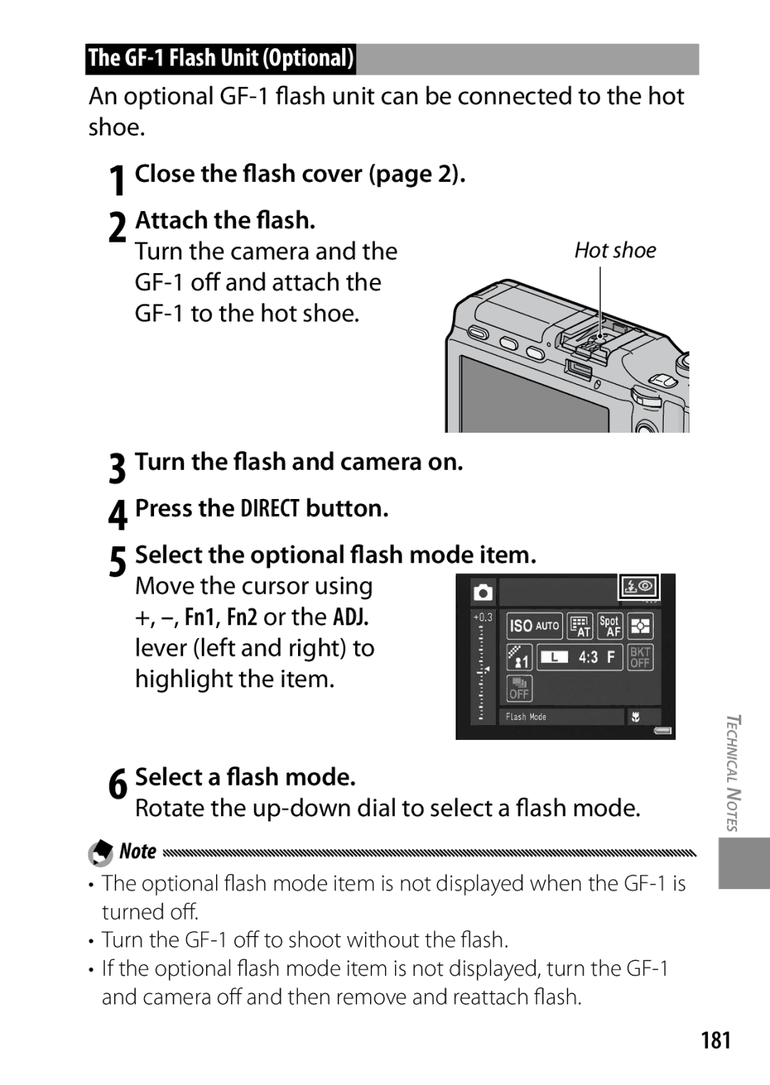 Ricoh 170543, GXR GF-1 Flash Unit Optional, Close the flash cover Attach the flash, +, -,Fn1, Fn2 or the ADJ, Mode, 181 