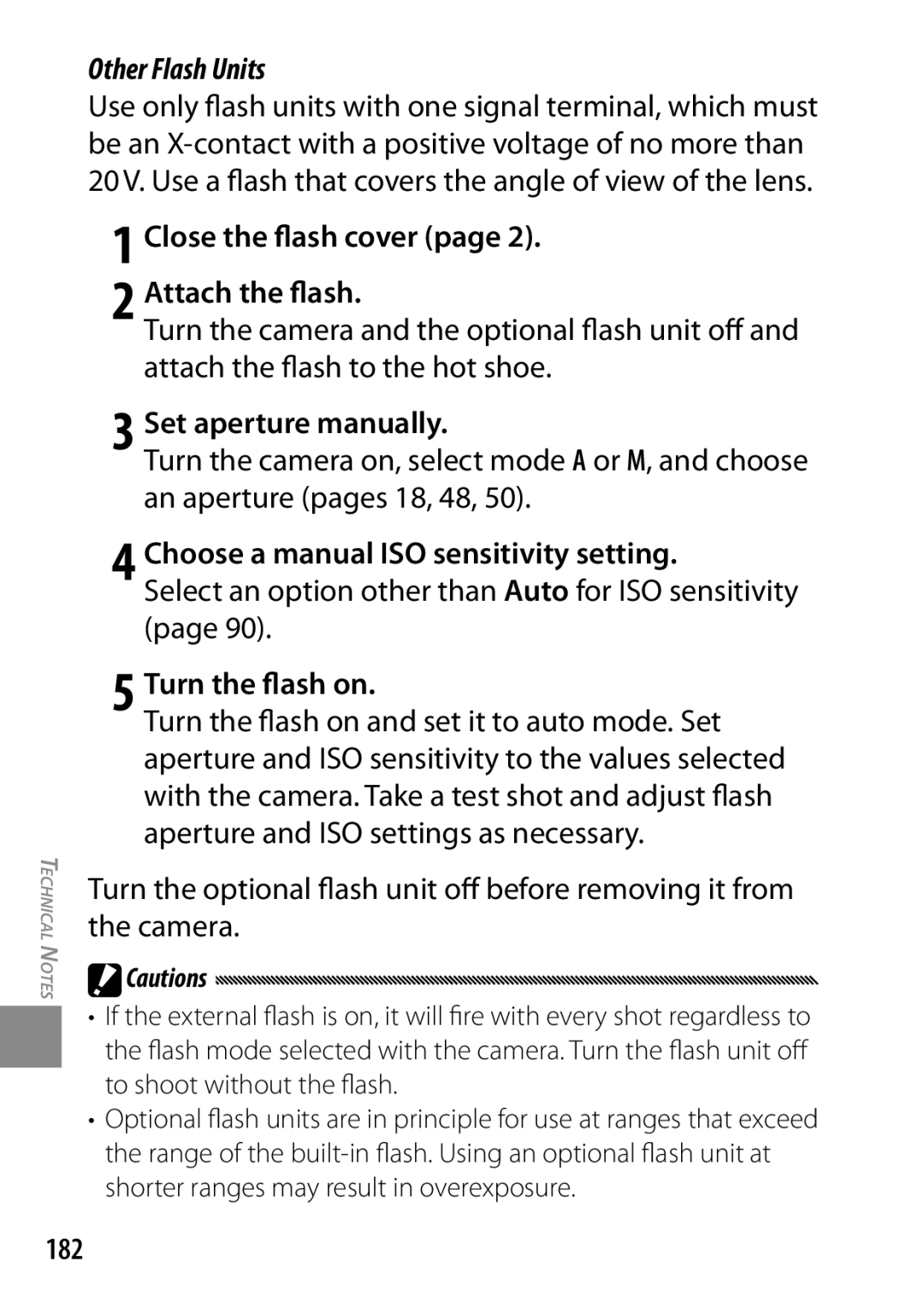 Ricoh 170553 Other Flash Units, Set aperture manually, Choose a manual ISO sensitivity setting, Turn the flash on, 182 