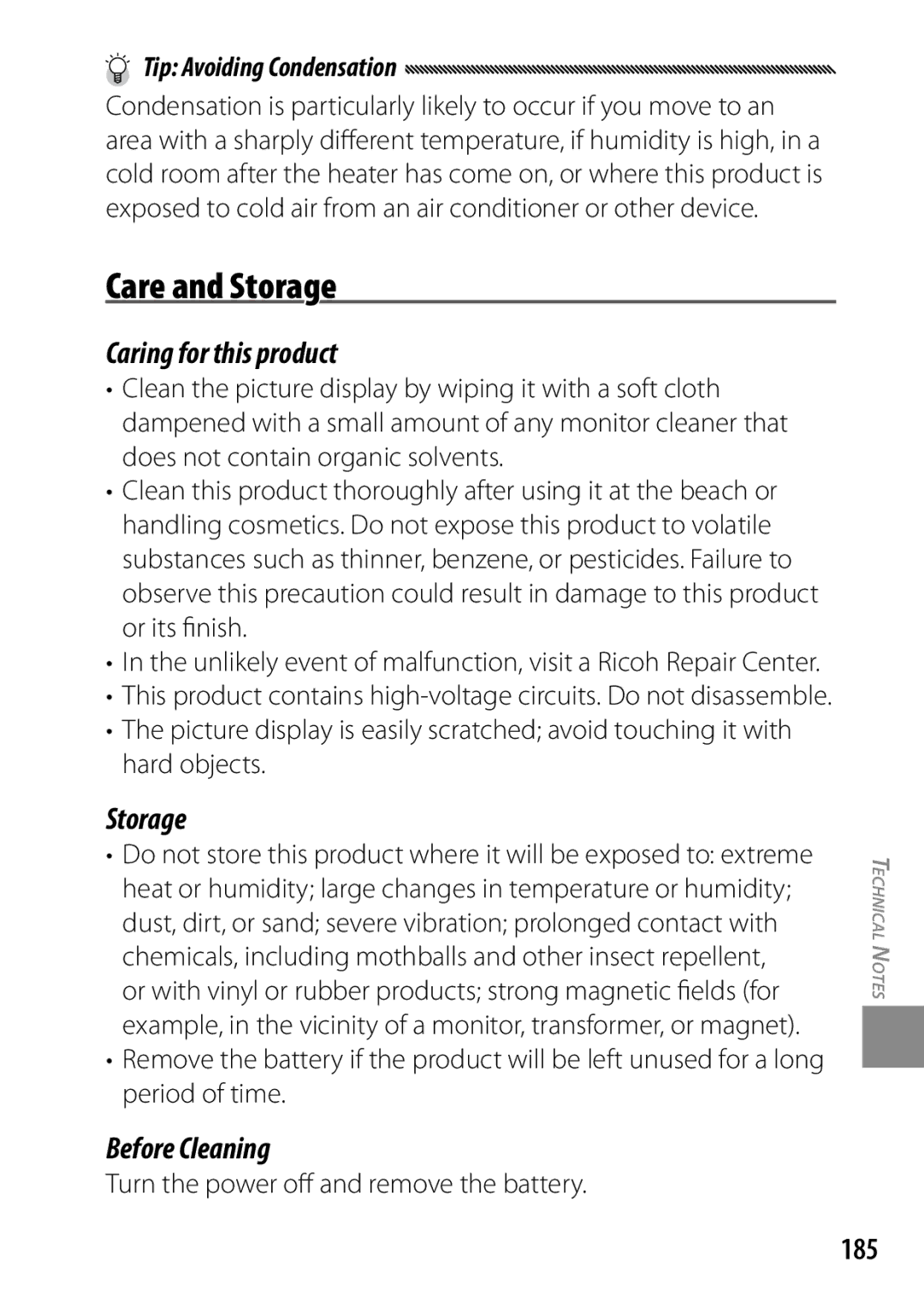 Ricoh 170553, GXR, 170543 manual Care and Storage, Caring for this product, Before Cleaning, 185 