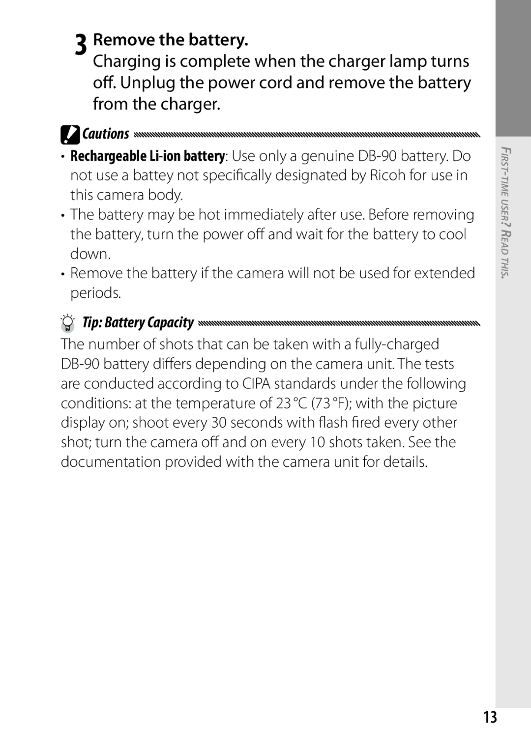 Ricoh 170543, GXR manual Remove the battery, Tip Battery Capacity, Battery may be hot immediately after use. Before removing 