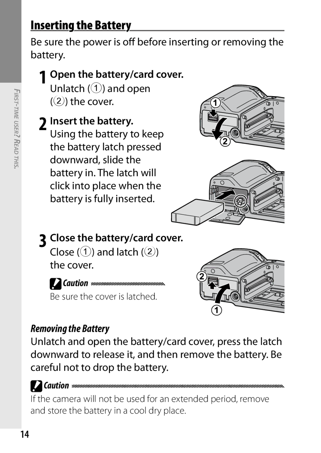 Ricoh 170553, GXR manual Inserting the Battery, Open the battery/card cover. Unlatch 1 and open, Cover, Removing the Battery 