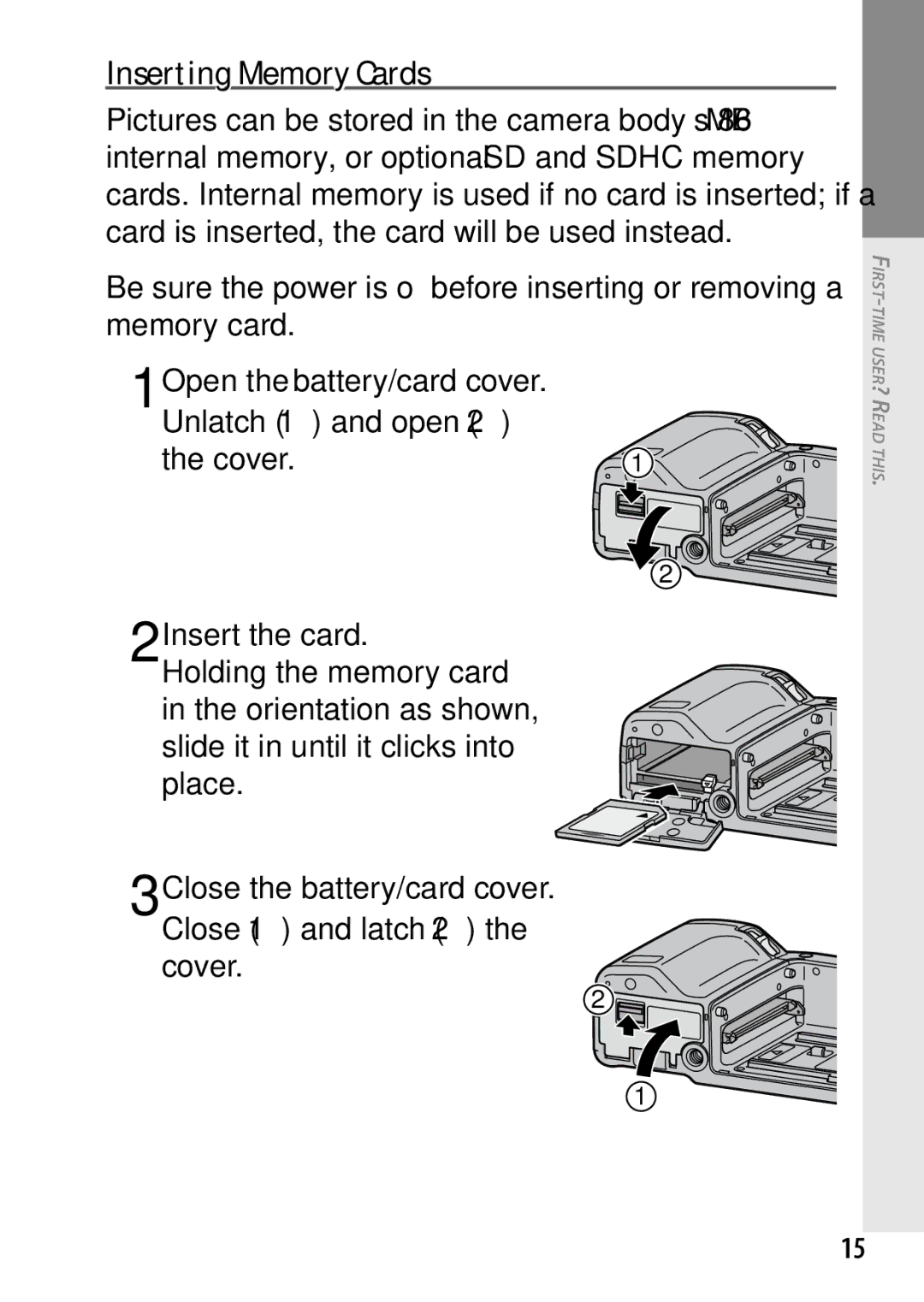 Ricoh GXR, 170543, 170553 Inserting Memory Cards, Open the battery/card cover, Unlatch 1 and open Cover, Insert the card 